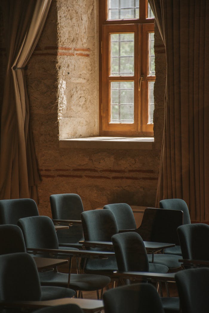 Elegant gothic-style conference room with dark chairs and abundant natural light through a window.